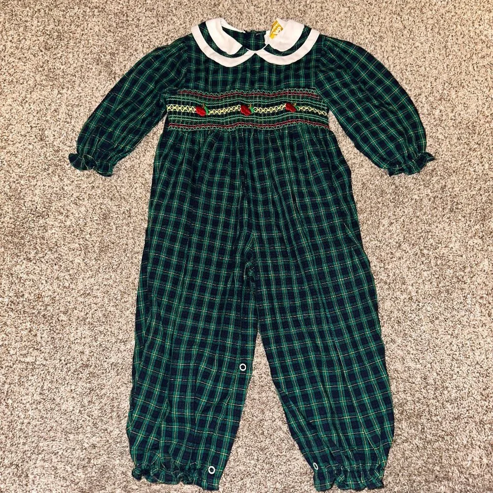 VINTAGE Tiny Tots Original PLAID ROMPER Baby Girls Jumpsuit size 24 mo APPLES